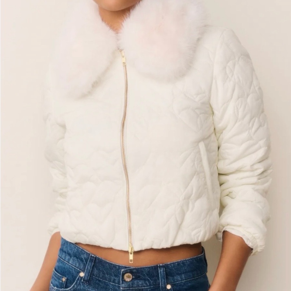 LoveShackFancy Sandria Cream Heart Quilted Puffer Jacket with Faux Fur Collar - Picture 2 of 3
